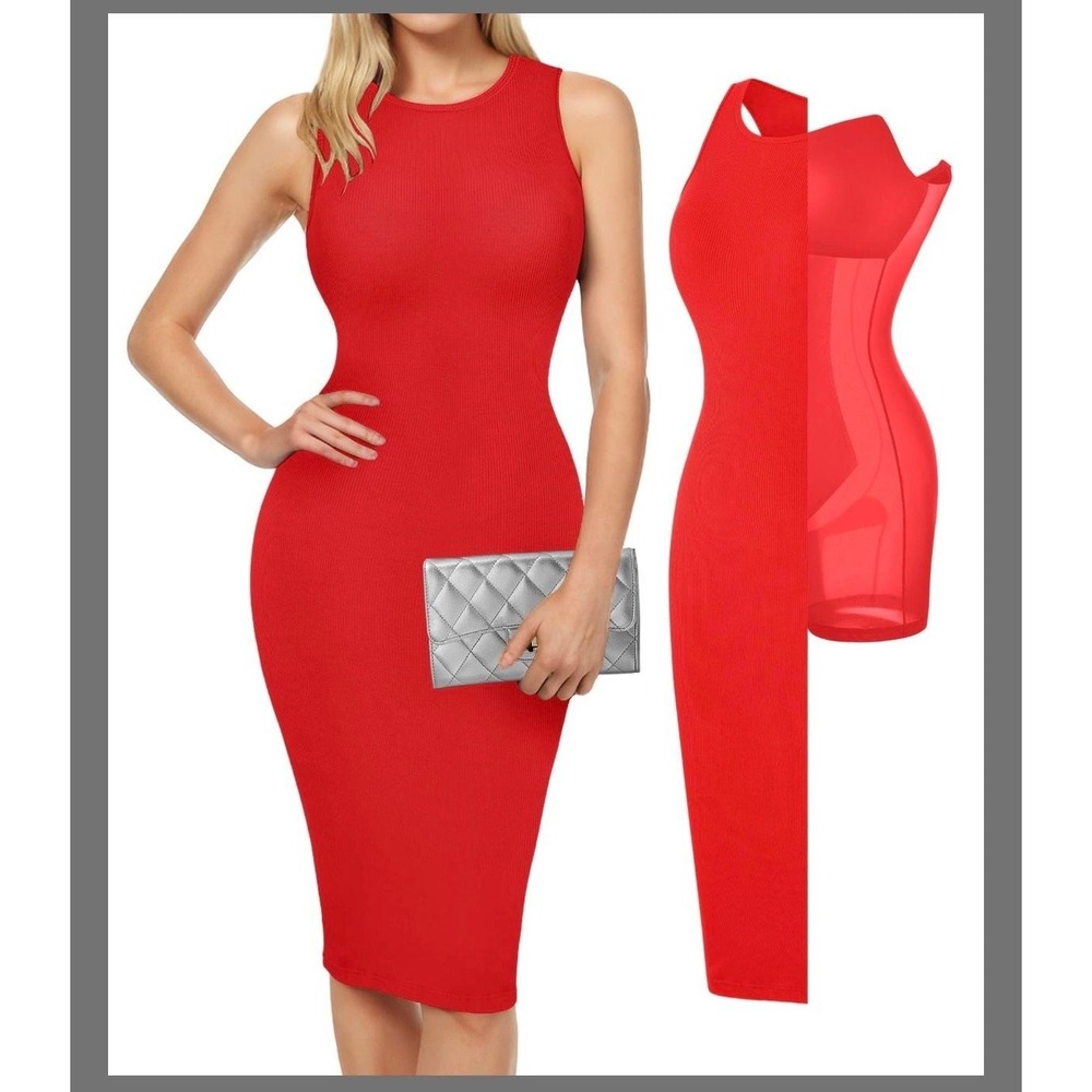 Popilush Red Ribbed Sleeveless Midi Dress Size M